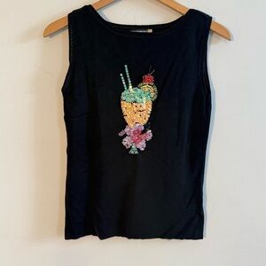 Sweaterworks Black Tank Top with Colorful Sequin Cocktail Design, Size M
